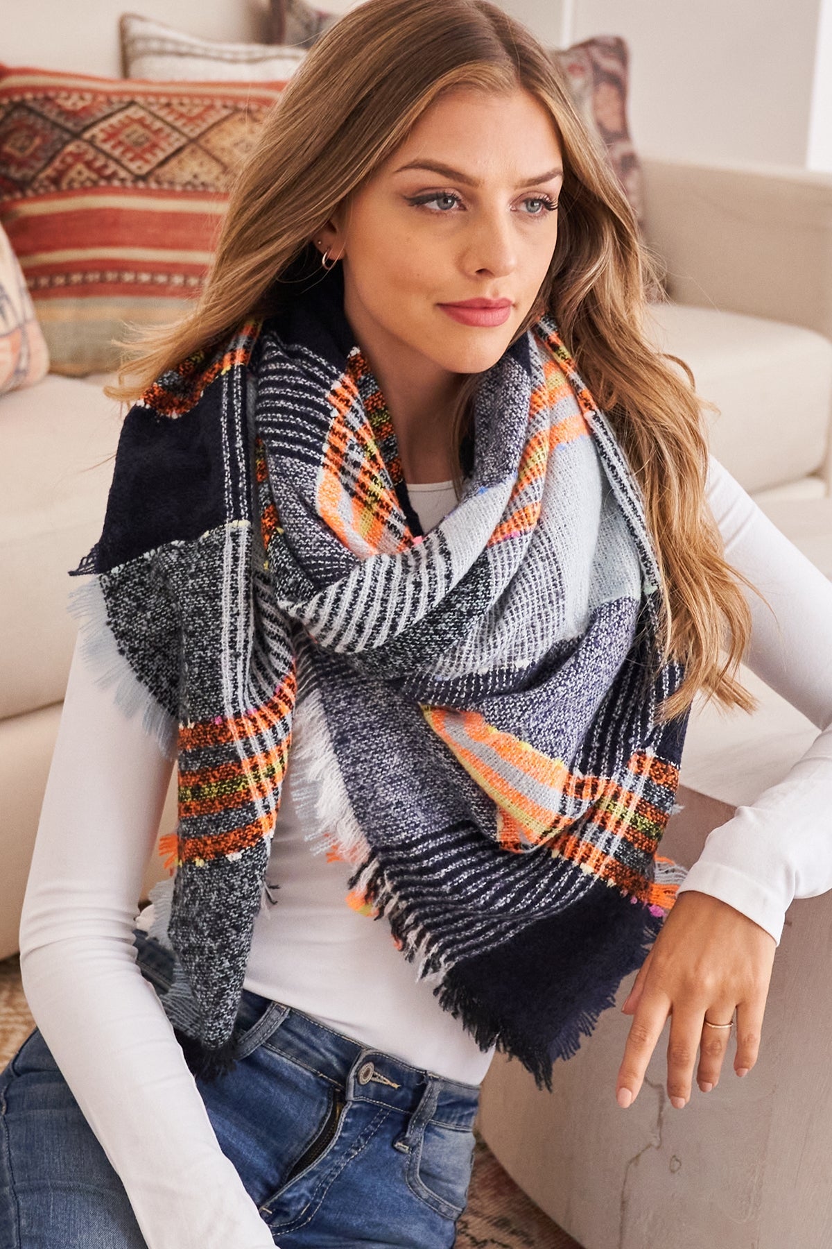 Multi Color Blanket Fringed Scarf