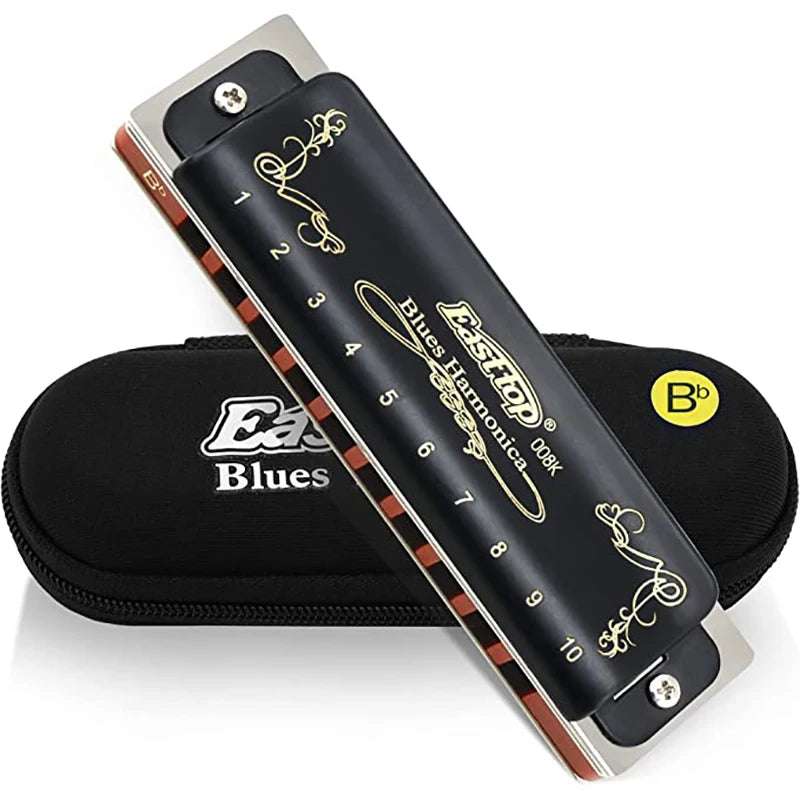 008K Diatonic Harmonica 10 Holes 20 Tones Blues Harp Mouth Organ Harmonica With Black Cover, Standard Harmonica With Canvas Bag