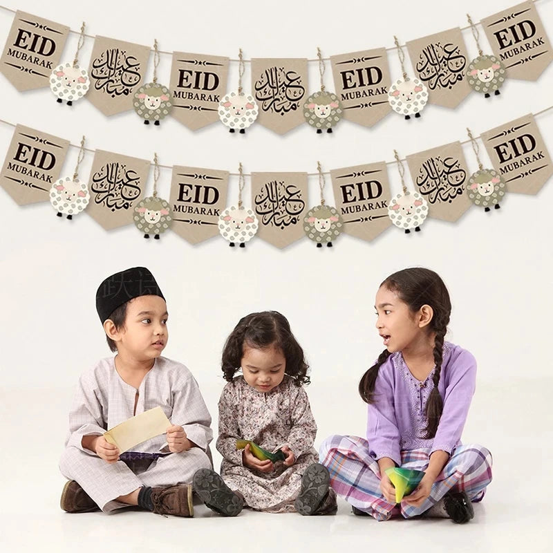 2024 EID Mubarak Paper Banner Bunting Garland Islamic Muslim Festival Party Supplies Ramadan Kareem Home Decoration Eid Gifts