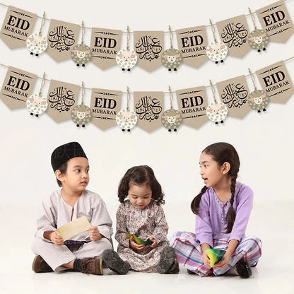 2024 EID Mubarak Paper Banner Bunting Garland Islamic Muslim Festival Party Supplies Ramadan Kareem Home Decoration Eid Gifts