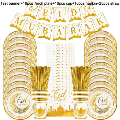 Eid Mubarak Disposable Tableware Gold Plate Cup Banner Gift Bags Islamic Muslim Party Supplies 2024 Ramadan Kareem Decorations