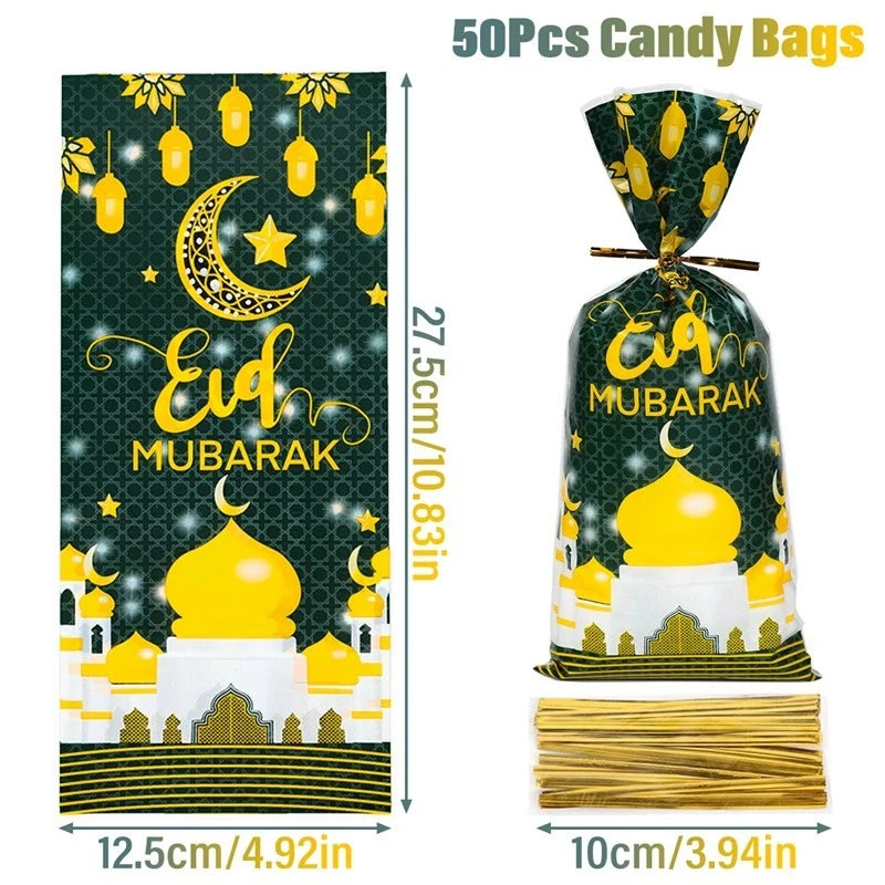 50pcs Eid Mubarak Gift Bags Plastic Bag Cookie Candy Ramadan Kareem Decoration 2024 Islamic Muslim Party Packaging Bag Pouch