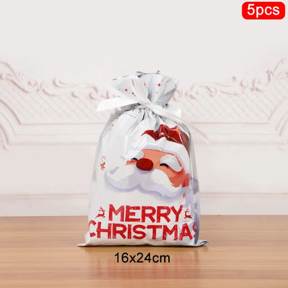 3/5Pcs Merry Christmas Drawstring Gift Bag New Year 2025 Large Candy Cookie Packaging Bag 2024 Navidad Christmas Home Decoration