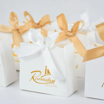 5/10pcs Eid Mubarak White Small Gift Bags With Bow Ribbon Ramadan Kareem Candy Cookie Favor Boxes Muslim Party Packaging Bags