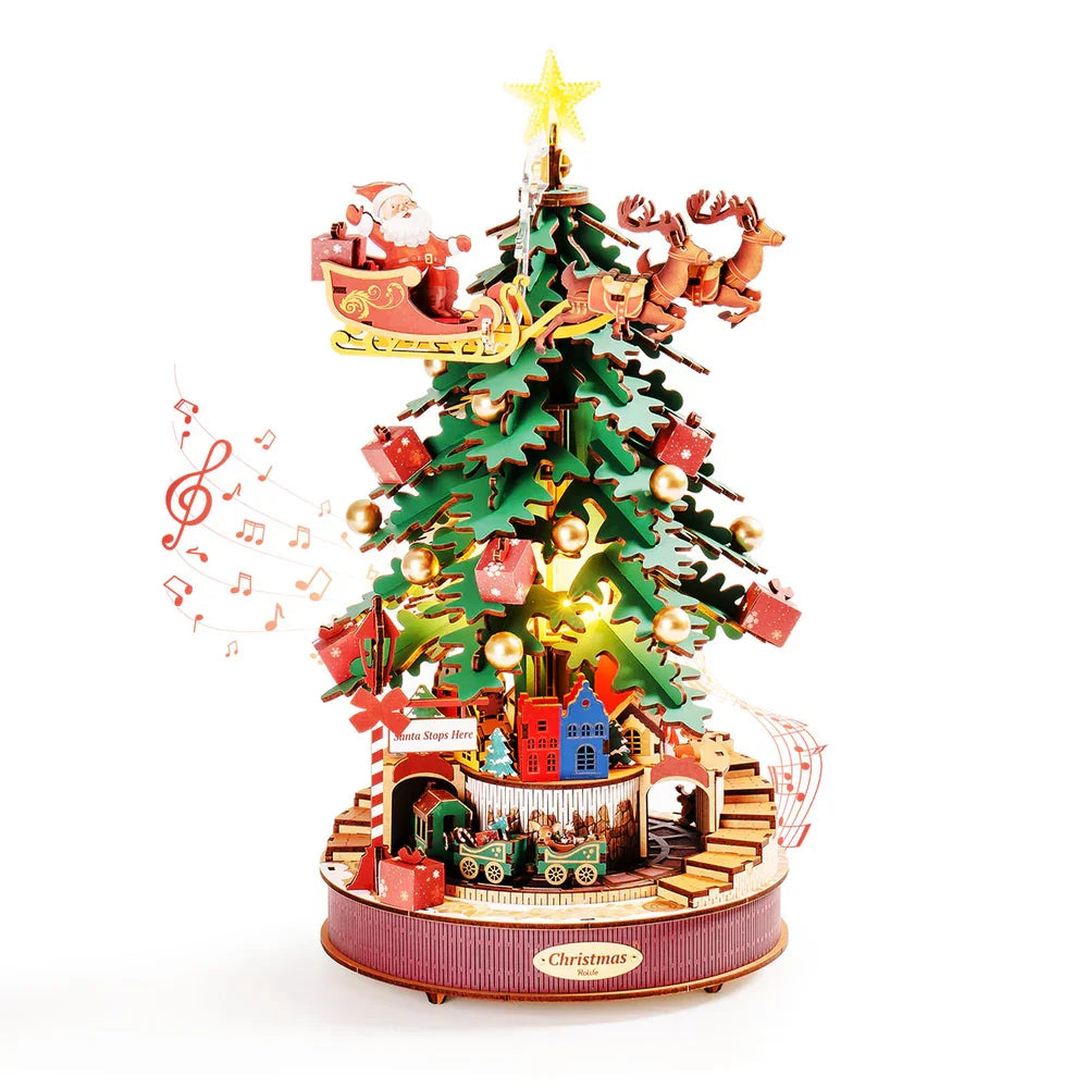 Robotime Rolife Christmas Melody Tree Music Dearmer Boxes 3D Wooden Puzzle With Light Perfect Family  GiftsEasy Assemble Toys
