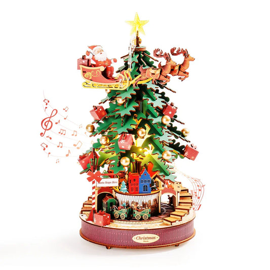 Robotime Rolife Christmas Melody Tree Music Dearmer Boxes 3D Wooden Puzzle With Light Perfect Family  GiftsEasy Assemble Toys
