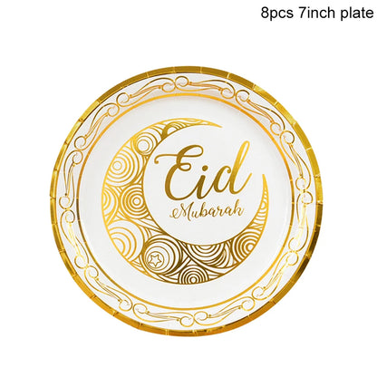 Eid Mubarak Disposable Tableware Gold Plate Cup Banner Gift Bags Islamic Muslim Party Supplies 2024 Ramadan Kareem Decorations
