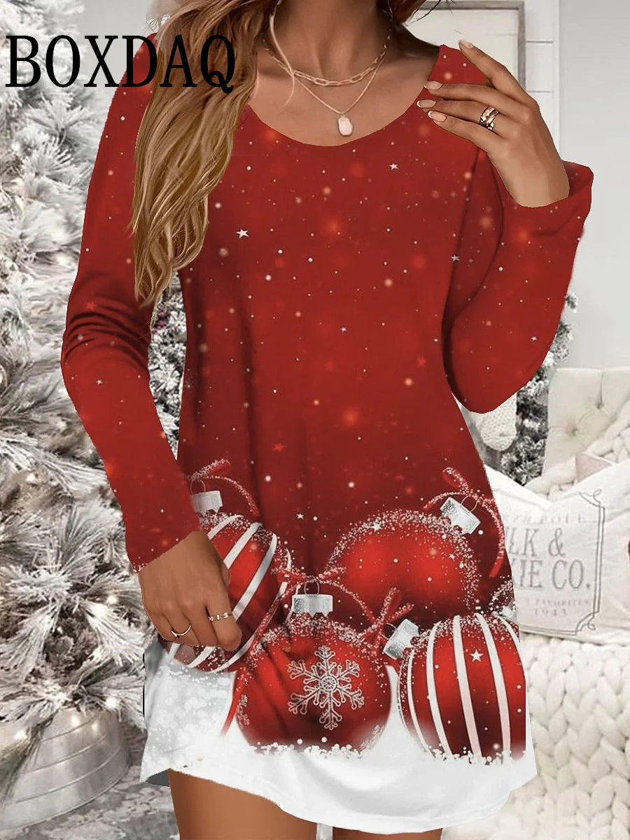 Autumn Winter Women Dresses Christmas Snowflake Print Dress Casual Party Clothing Long Sleeve Women's Loose A-Line Mini Dresses