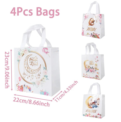 4Pcs Eid Mubarak Gift Bag Ramadan Decor 2024 Nonwoven Pouch Cookie Candy Packaging Bags Muslim Islamic Ramadan Kareem Supplies