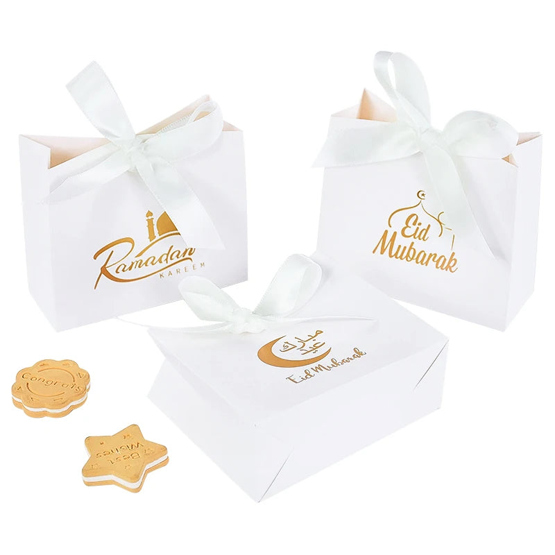 5/10pcs Eid Mubarak White Small Gift Bags With Bow Ribbon Ramadan Kareem Candy Cookie Favor Boxes Muslim Party Packaging Bags