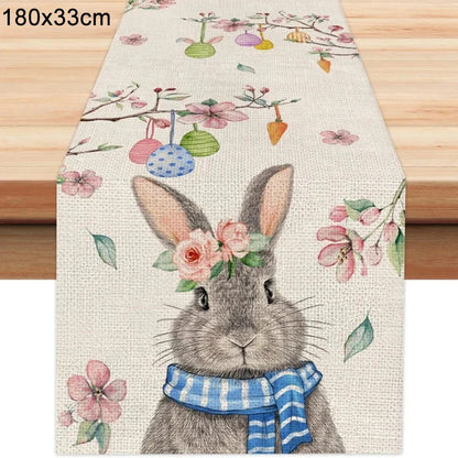 Linen Easter Table Runner Cute Bunny Dining Table Cloth 2024 Spring Holiday Happy Easter Decoration for Home Party Supplies Gift