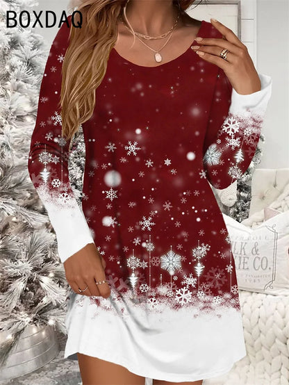 Women's Red Christmas Dress Casual Christmas Snowman Snowflake Print Mini Dress Long Sleeve O-Neck Autumn Woman Dress