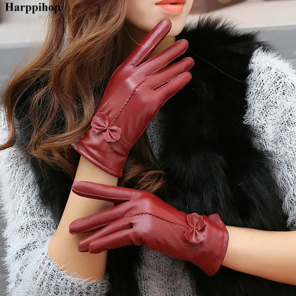 2020 Women's Genuine Leather Gloves Red Sheepskin Gloves Autumn and Winter Fashion Female Windproof Gloves