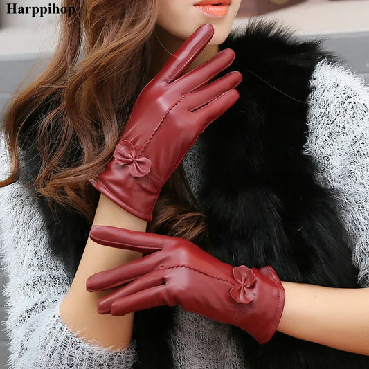 2020 Women's Genuine Leather Gloves Red Sheepskin Gloves Autumn and Winter Fashion Female Windproof Gloves