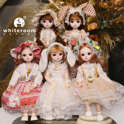 New 30cm BJD Doll Toy for Girls Children Retro Classic Wedding Dress Lolita Noble Rabbit Girl Holiday Birthday Gift Long Hair