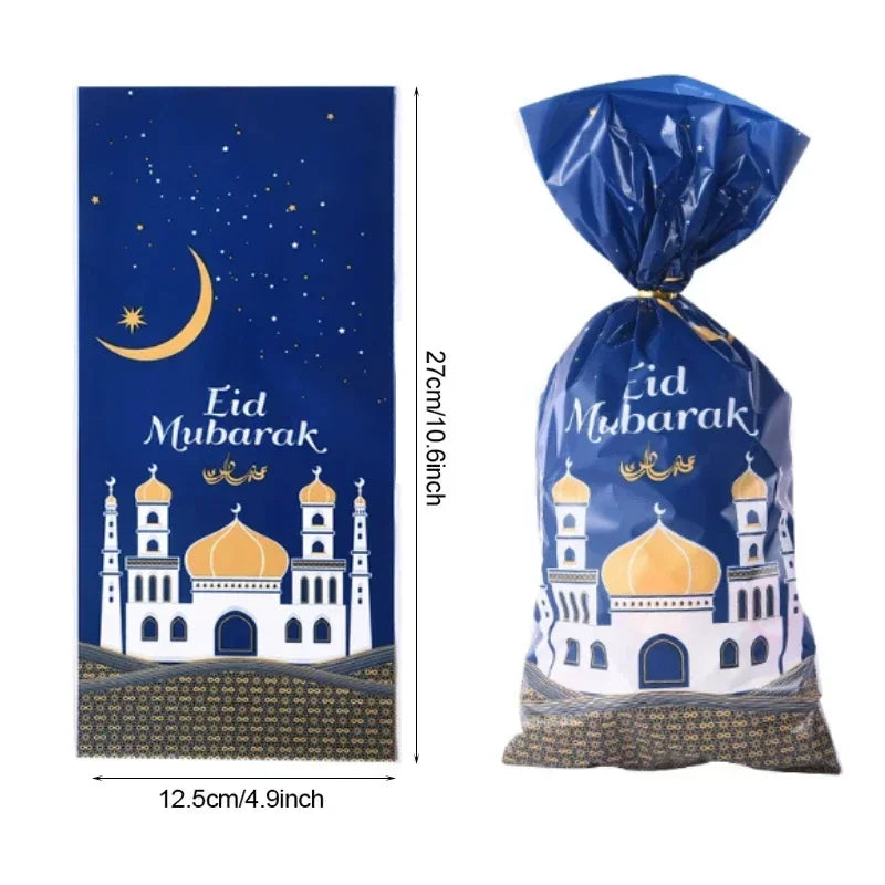 25/50pcs 2024 Eid Mubarak Gift Bags Plastic Candy Cookie Bag Ramadan Kareem Decor Islamic Muslim Party Supplies Eid Gifts Bags