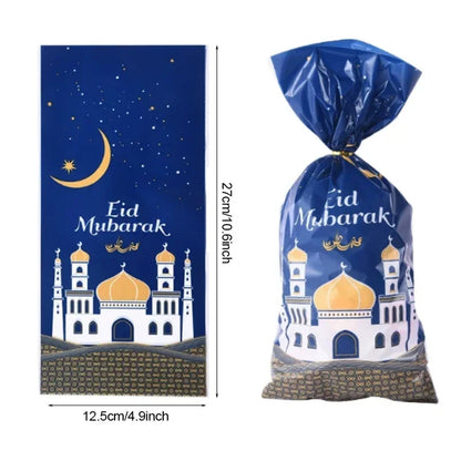 25/50pcs 2024 Eid Mubarak Gift Bags Plastic Candy Cookie Bag Ramadan Kareem Decor Islamic Muslim Party Supplies Eid Gifts Bags