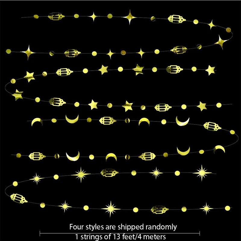 4M Eid Mubarak Banner Gold Silver Star Moon Paper Bunting Garland Ramadan Kareem Decoration Home Islamic Muslim Party Supplies