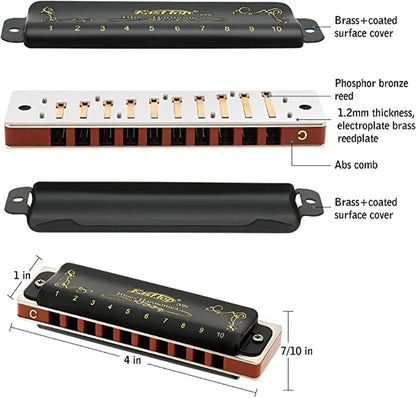 008K Diatonic Harmonica 10 Holes 20 Tones Blues Harp Mouth Organ Harmonica With Black Cover, Standard Harmonica With Canvas Bag