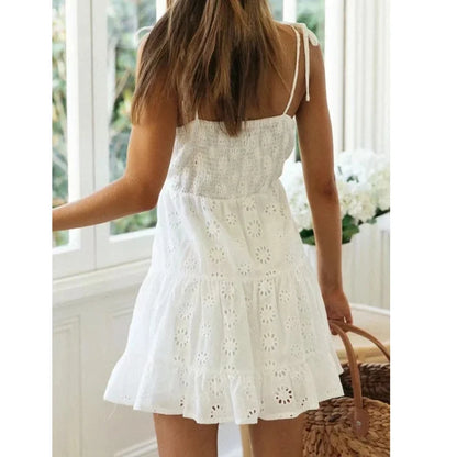 Foridol White Lace Sleeveless Summer Dress Women Hollow Out Embriodery Sundress Casual Button Beach Boho Vintage Short Dress