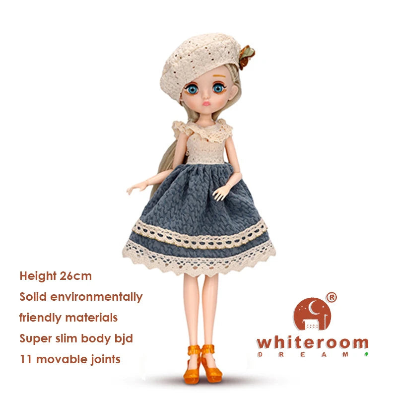 Slim 26cm Bjd Doll for Girl Purple Hair Big Eyes Fashion Princess Clothes Suit Accessories Decoration Eyelash Solid Doll Gift