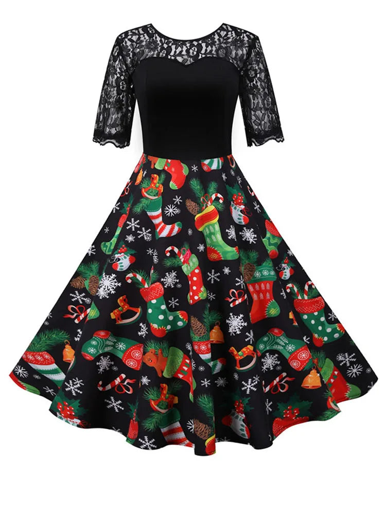 Lace Christmas Dress Women New Short Sleeve Print High Waist Elegant Vintage Winter Xmas Party Sundress 3XL Robe