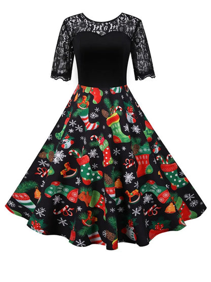 Lace Christmas Dress Women New Short Sleeve Print High Waist Elegant Vintage Winter Xmas Party Sundress 3XL Robe