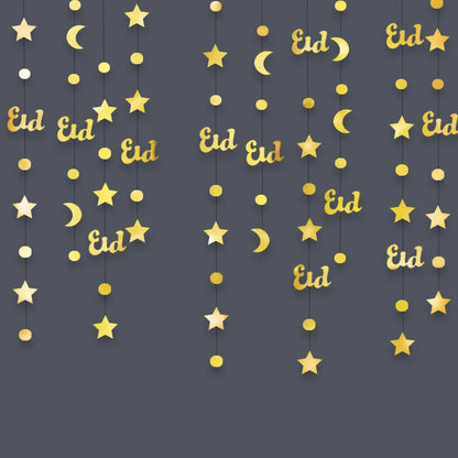 Gold Star Moon Circle Dot Crescent Lamp Eid Paper Garland Gold Mubarak Ramadan Streamer Backdrop Muslim Party Banner Decorations