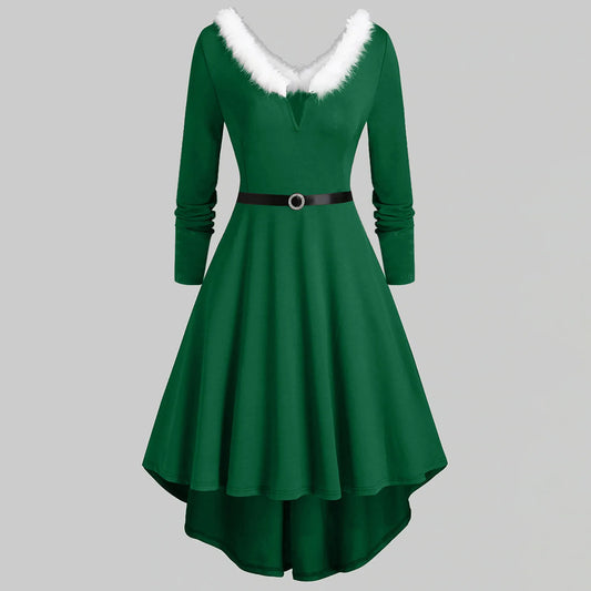 Women's New Christmas Party Dress Cute Sexy Faux-Plush Neck Panel Long Sleeve v Collar Asymmetrical Lace-Up Elegant Dresses