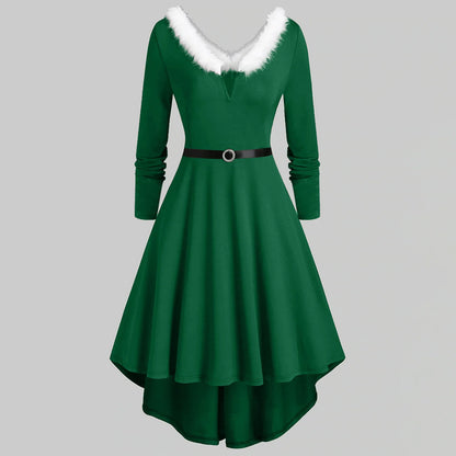 V-Neck Plush Christmas Women'S Dresses Long Sleeve Party Dress Elegant Ladies Red Vestidos Autumn Winter High Waist A-Line Dress