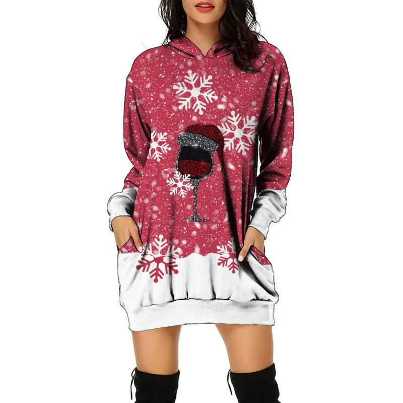 Christmas Tree Print Women Party Knitted Hoodie Dress Women Evening Dress Autumn Fashion Loose Sexy Mini Festival Famale Clothes