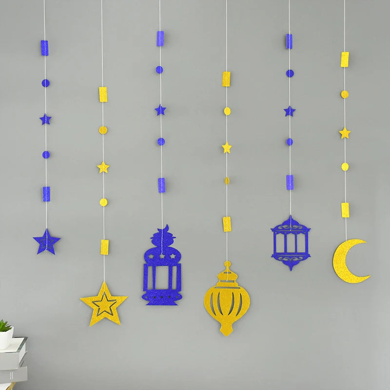 EID Mubarak Swirl Banner Star Moon Ceiling Hanging Ornament Ramadan Kareem Decoration for Home 2024 Islam Muslim Party Supplies