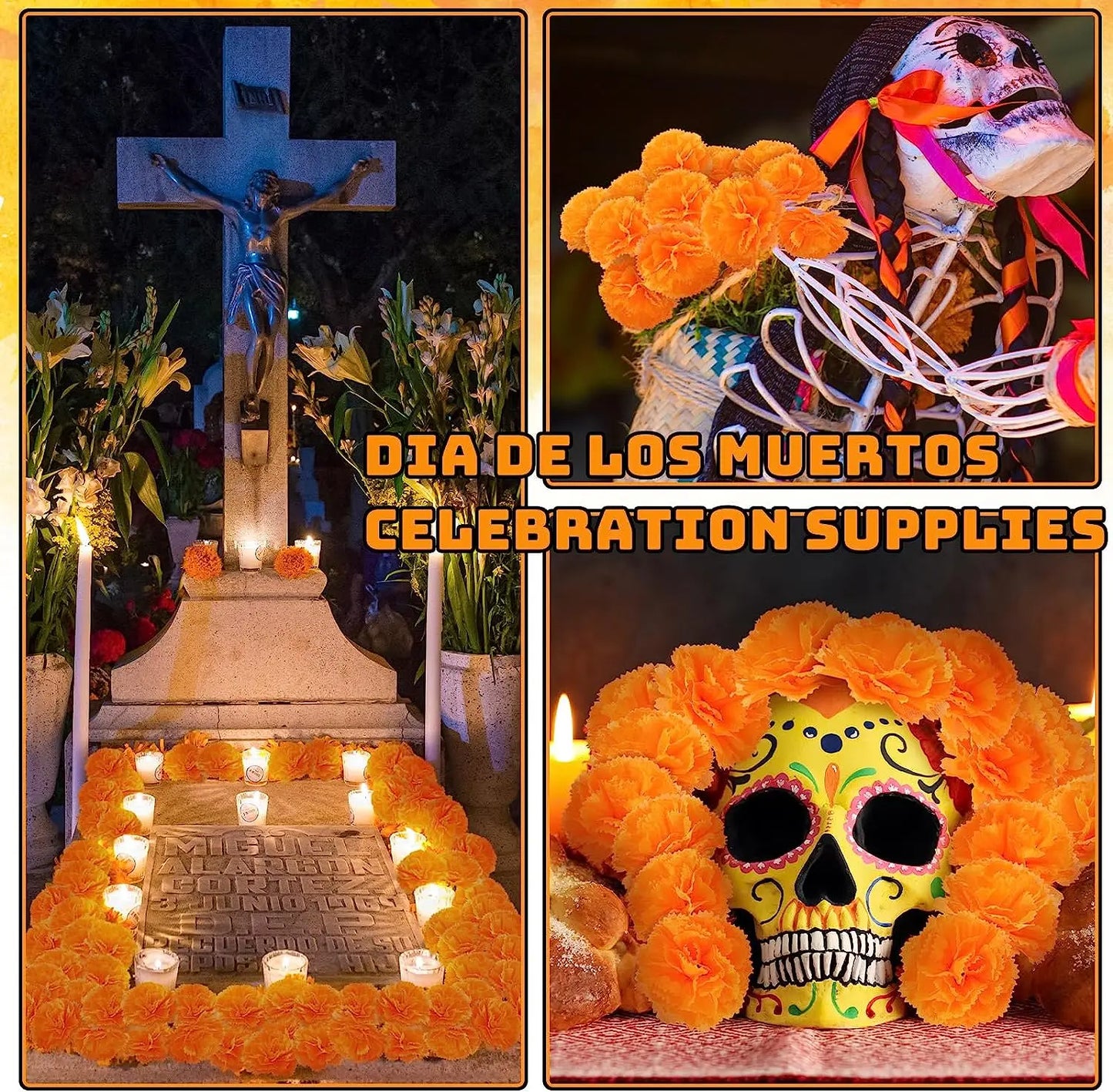 Yannew 50pcs Artificial Marigold Flower Head Yellow Bulk Day of the Dead Decoration for DIY Wreath Halloween Diwali Indian Decor