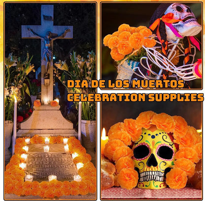 Yannew 50pcs Artificial Marigold Flower Head Yellow Bulk Day of the Dead Decoration for DIY Wreath Halloween Diwali Indian Decor