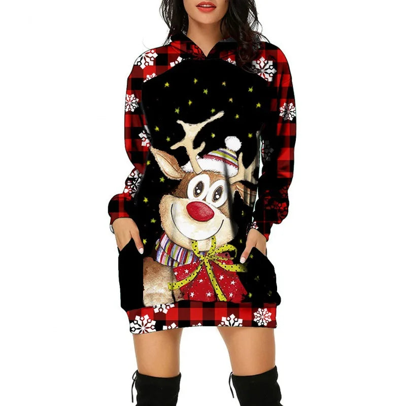 Christmas Tree Print Women Party Knitted Hoodie Dress Women Evening Dress Autumn Fashion Loose Sexy Mini Festival Famale Clothes