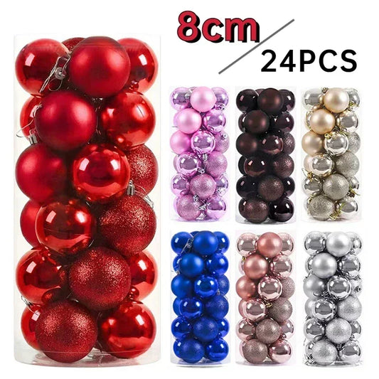 24/Pcs 8CM Christmas Ball Ornaments Set Painted Plastics Christmas Tree Pendant Decoration Christmas Decoration Accessories