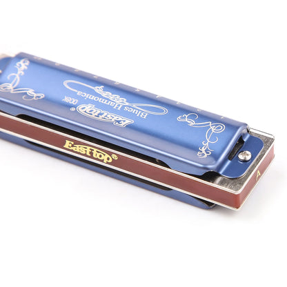 East Top Diatonic Harmonica 10 Holes Blues Harmonica Blue T008K With Case Professional Harmonica for Beginner Students Adults