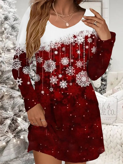 Women's Red Christmas Dress Casual Christmas Snowman Snowflake Print Mini Dress Long Sleeve O-Neck Autumn Woman Dress