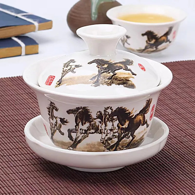 Chinese Traditional Gai Wan Tea Set Bone China Tea Sets Dehua Gaiwan Tea Porcelain Pot Set for Travel Beautiful and Easy Kettle