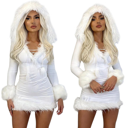 White Christmas Hooded Dress for Women New Years 2023 Cute Furry Bodycon Mini Vestidos Skinny Party Clubwear Winter
