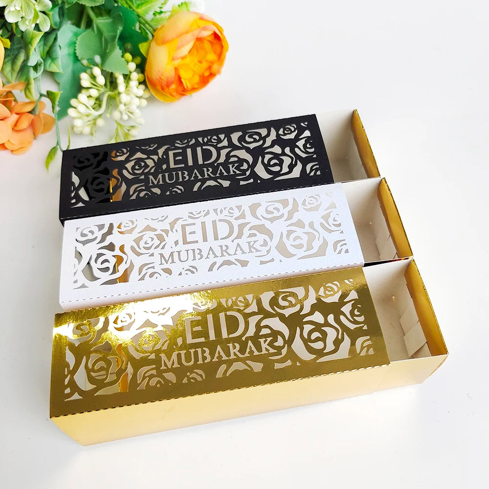 10Pcs Eid Mubarak Gift Box Ramadan Gift Packages Gold Hollow Eid Mubarak Candy Cake Box Eid Mubarak Decoration 2024 Muslim Party