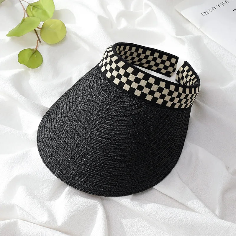 Adult Child Woman's Sun Visor Hats Female Bowknot Visor Caps Hand Made DIY Straw Summer Cap Casual Empty Top Hat Beach