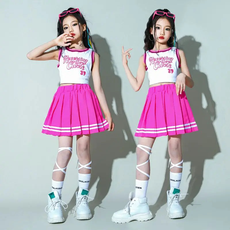 Children Hip Hop Summer Clothes Sets T-Shirt Street Dance Skirt Girls Crop Top Cute Outfits Kids Jazz Cheerleader Costumes