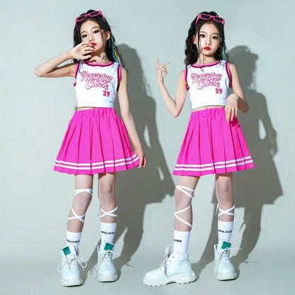 Children Hip Hop Summer Clothes Sets T-Shirt Street Dance Skirt Girls Crop Top Cute Outfits Kids Jazz Cheerleader Costumes