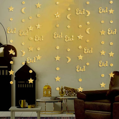 Gold Star Moon Circle Dot Crescent Lamp Eid Paper Garland Gold Mubarak Ramadan Streamer Backdrop Muslim Party Banner Decorations
