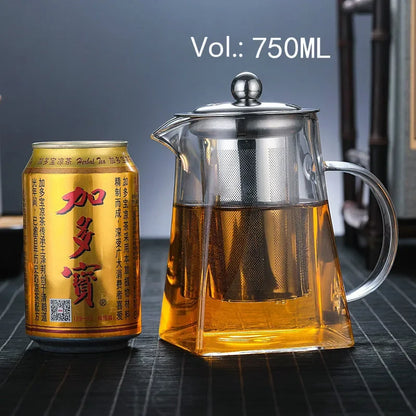 Heat-Resistant Glass Square Teapot With Stainless Steel Filter Baskets, Clear Kettle, Brewing Tea Pot, Heatable Pitcher, Jug