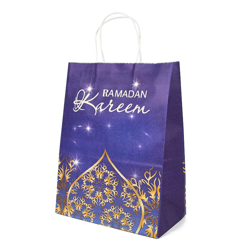 6pcs Eid Mubarak Kraft Paper Gift Bags Muslim Islamic Festival Party Cookie Candy Packaging Box Ramadan Kareem Favors Supplies