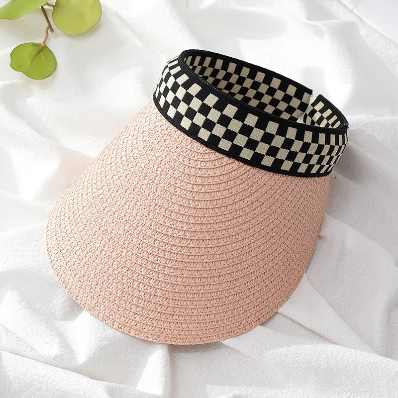 Adult Child Woman's Sun Visor Hats Female Bowknot Visor Caps Hand Made DIY Straw Summer Cap Casual Empty Top Hat Beach