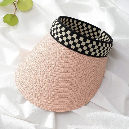 Adult Child Woman's Sun Visor Hats Female Bowknot Visor Caps Hand Made DIY Straw Summer Cap Casual Empty Top Hat Beach