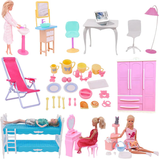 Barbies Doll House Furniture Bed Table Chair Plastics Cleaning Tools for 11.8inch Barbies Accessories Mini Furniture Model Gifts